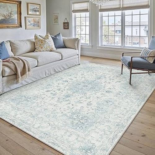 Area Rug 5x7 Vintage Blue Machine Washable Living Room Rugs Thin Neutral Floral Vacuumable Low Pile Carpet Bedroom Office Dining Room Laundry Room Non Slip Soft Lightweight