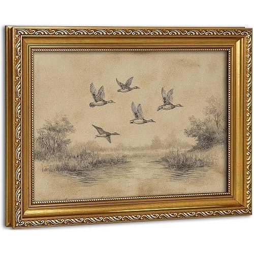 Vintage Ornate Gold Framed Duck Wildlife Wall Art Classic Neutral Sketch Style Landscape Artwork Rustic Vintage Ready to Hang for Cabin Farmhouse Living Home Wall Decor Gifts for Friends or Family