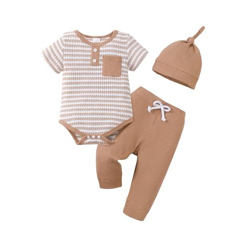 Renotemy Preemie Newborn Boy Summer Clothes Gift Short Sleeve Button Romper Baby Boys Bodysuit Long Pants Outfit Set with Hat
