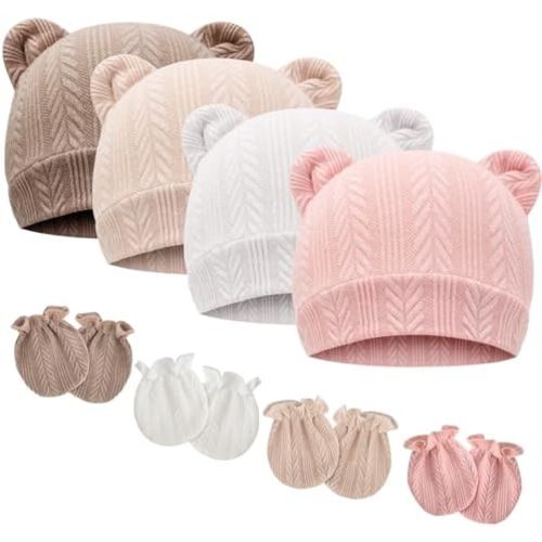 BQUBO Newborn Baby Hats Bear Ears and Mittens Sets Preemie Caps Baby Boy Girl Infant Hospital Beanie for 0-3 Months