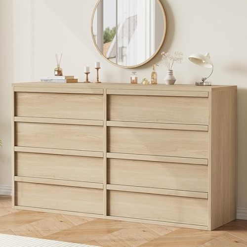 GarveeHome 8 Drawer Dresser for Bedroom, 54in Wide Natural Oak 8 Chest of Drawers with Large Storage, Wooden Dresser Organizer for Living Room, Nursery, Entryway