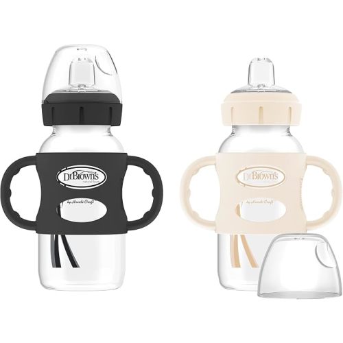 Dr. Brown's Milestones Wide-Neck Sippy Spout Bottle with Silicone Handles 9oz 270mL 6m+ Black and Ecru 2-Pack