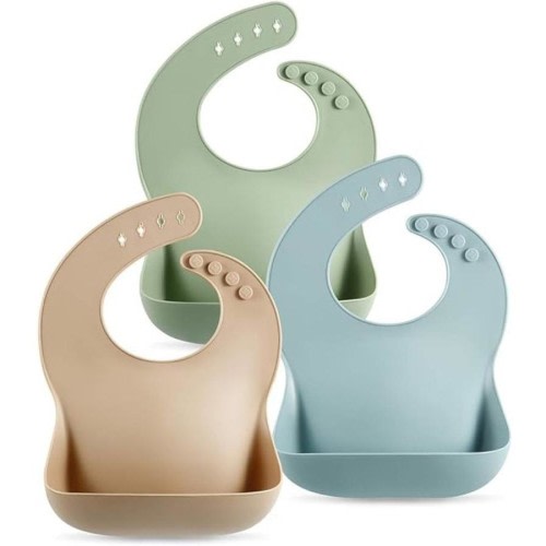 PandaEar 3 Pack Cute Silicone Baby Bibs for Babies & Toddlers (10-72 Months)- Waterproof Baby Feeding Bibs Adjustable with Wide Food Catcher Pocket, Soft, Unisex, Non Messy Brown, Blue, Green
