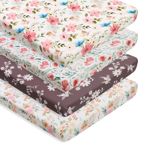 4 Pack Baby Girl Pack N Play Mini Crib Sheets Set Soft Fitted Floral Theme Baby Girl Mattress Covers Breathable Toddler Bed Sheets for Infant or Newborn(Flower, Pack N Play Mini Crib Sheets)
