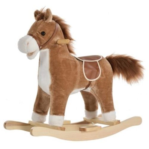 Qaba Rocking Horse Plush Animal on Wooden Rockers with Sounds, Wooden Base, Baby Rocking Chair for 36-72 Months