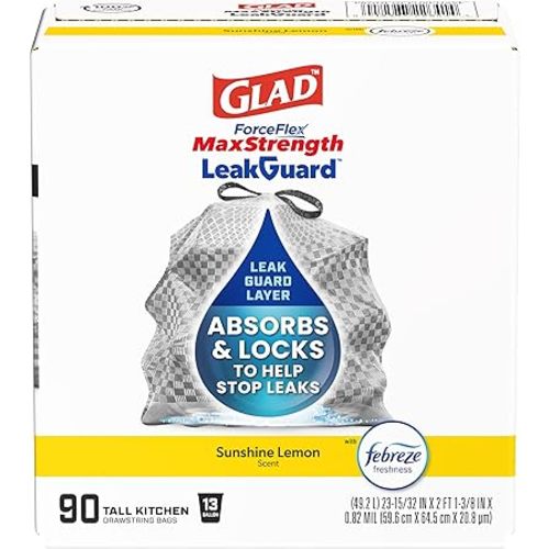 Glad ForceFlex MaxStrength LeakGuard Trash Bags, 13 Gal, Sunshine Lemon Scent, 90 Ct (Pack May Vary)