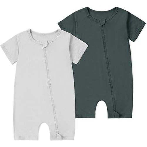 Newborn MICHLEY Baby Bamboo Viscose Short Sleeve Summer Romper 2 Pack, Unisex Newborn Zipper Bodysuit Toddler Clothes 0-24M