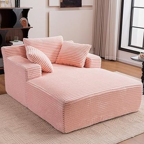 HRVEOCEI 67" Chaise Lounge Indoor, Oversized Chaise Lounge Chair with 3 Comfy Pillows for Living Room Bedroom, Wide Arms Corduroy Fabric High-Density Foam No Assembly Required (Pink)
