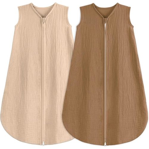 2 Pack Baby Sleep Sack 6-12 Months 100% Organic Cotton Muslin Baby Sleeping Bag 2-Way Zipper Wearable Blankets TOG 0.3 (Beige & Khaki, Medium)