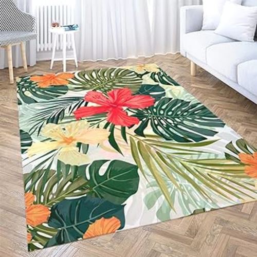 Gesmatic 3X5 Area Rug Vintage Area Rug Summer Colorful Hawaiian Pattern Tropical Plants Hibiscus Flowers Farmhouse Area Rug, Suitable for Living Room, Kitchen, Outdoor