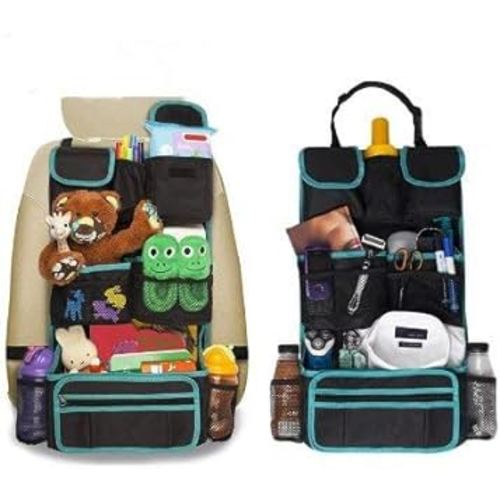 Back Seat Car Organizer - Kids Storage Compartment - Holds Tablets - Ipads - Cups - Bottles -Toys - Stuffed Animals - Snacks - Detachable - Adjustable - Removable Documents Wallet
