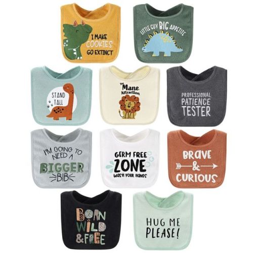 The Peanutshell Dino Boy 10-Pack Terry Bibs in Blue, Green and Black