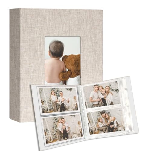 Vienrose Small Photo Album 4x6 Holds 200 Photos 2 Pack, Mini Baby Memory Photo Album Linen Cover for Keepsake Gifts, Wedding Family, Baby Photos, Artwork & Postcards Storage,Travel, Beige