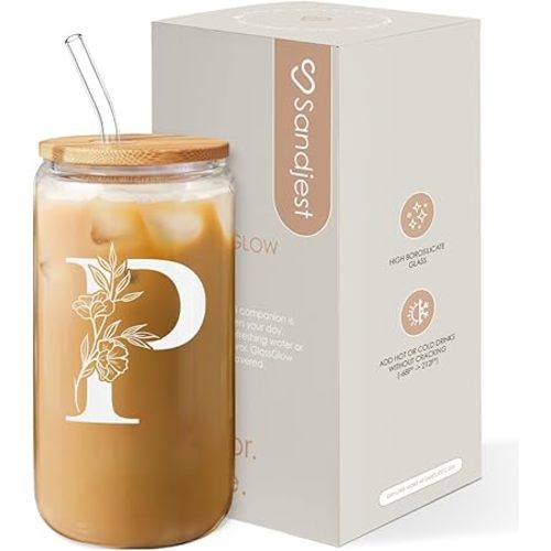 SANDJEST Monogrammed Gifts for Women - Monogram P Initial Glass Cup 16 Oz Can Coffee Cups with Lid and Straw - Monogram Initials Gifts for Womens on Birthday