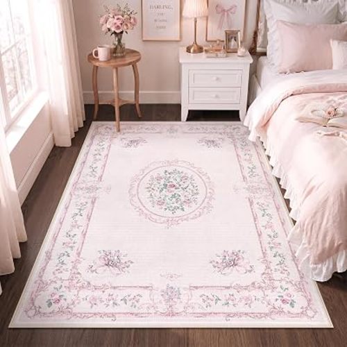 Tribesigns Floral Bow 5x7 Washable Pink Rugs for Bedroom Girls, Non-Slip Soft Rose Medallion Nursery Rug Living Room, Low Pile Boho Floral Carpet for Dorm Kids Playroom, Pink/5x7