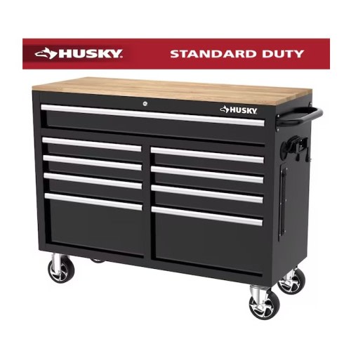 Husky Tool Storage 46 in. W x 18 in. D 9-Drawer Mobile Workbench Cabinet in Gloss Black
