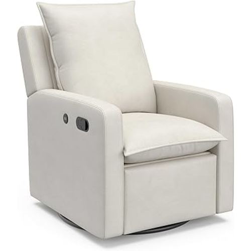 Storkcraft Timeless Reclining Glider (Ivory) -USB Charging Port, 360-Degree Metal Swivel Base, Manual Extending Foot Rest, Supportive Cushions, Durable Fabric