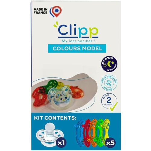 CLIPPBABY Pacifier Weaning Kit ⏐ Gentle Step-By-Step System to Help Toddlers Stop Pacifier Use⏐Glow-in-the-Dark +5 Colored Shields, Child-Led & Dentist-Recommended ⏐ Made in France ⏐ Ages 2+