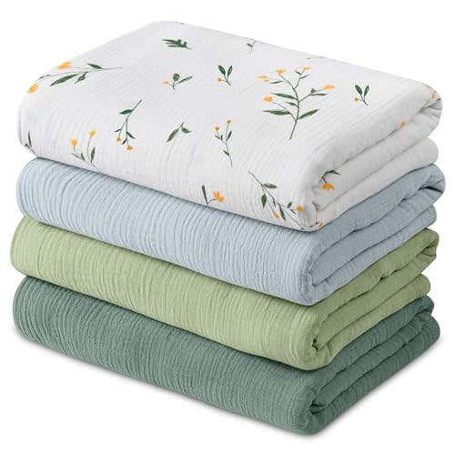 GLLQUEN BABY Muslin Swaddle Blankets for Newborns, Large 40''x38'', 4-Pack | 100% cotton, ultra soft and breathable, gentle on sensitive newborn skin, Multi-use as swaddle wrap, receiving blankets