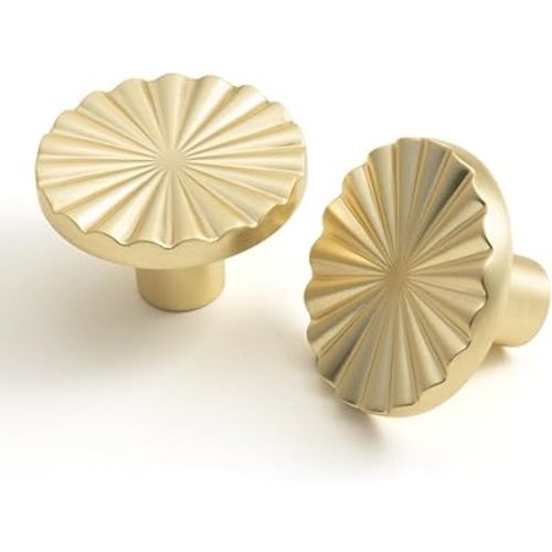 Brushed Gold Cabinet Knobs Classic Vintage Flat Drawer Pulls Zinc Alloy Drawer Knobs Stylish Design Kitchen Cupboard Bathroom Dresser Cabinet Hardware Handles (5, Brushed Gold, Knob)