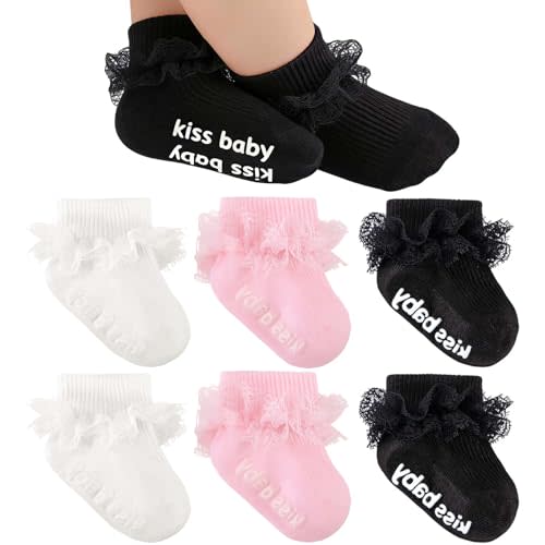 Baby Girl Ruffle Eyelet Double Lace Turn Cuff Socks | Ankle Frilly Socks Soft Cotton Dress Socks for Newborn Infant Toddler