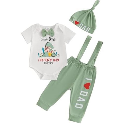 Karuedoo My 1st Father's Day Baby Boy Outfit Short Sleeve Bowtie Romper I Love Dad Suspender Pants Hat 3 Piece Clothes Set