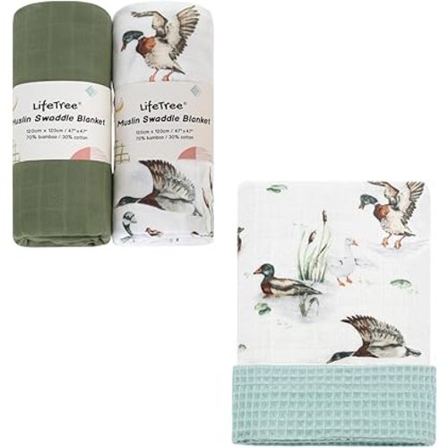 LifeTree Muslin Swaddle Blankets Neutral, Baby Waffle Swaddling Wrap Nursery Blanket for Boys Girls Newborn, 70% Viscose from Bamboo and 30% Cotton