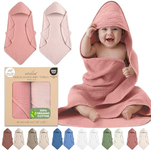 infancie 100% Organic Cotton Muslin Baby Hooded Towels 32x32 Inch  2 Pack Soft & Absorbent Baby Towels for Newborn for Boys & Girls, Premium Hooded Towels, Ultra-Gentle Baby Essentials in Rose/Peach