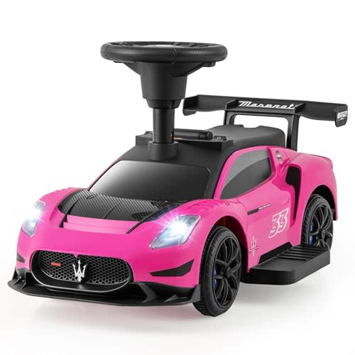 HONEY JOY Maserati 6V Ride On Toy, 2 in 1 Foot to Floor Push Car & Electric Vehicle for Toddlers, Horn, Music, Lights, Seat Storage, Battery Powered Mini Ride on Car for Boys Girls (Pink)