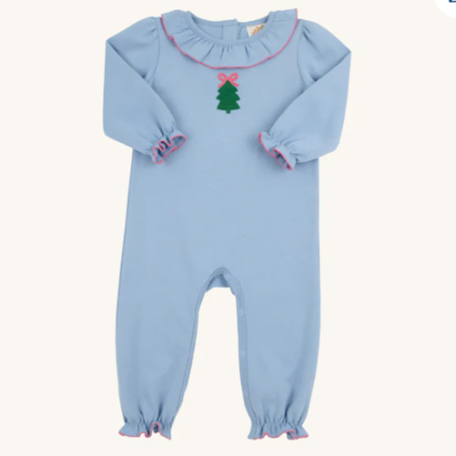 Long Sleeve Ramona Ruffle Romper - Barrington Blue with Christmas Tree