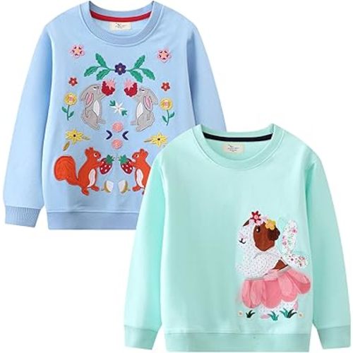 LOKTARC Toddler Girls Crewneck Sweatshirts, 2 Pack Kids Graphic Long Sleeve Shirts Pullover Cotton Tops