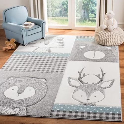 SAFAVIEH Carousel Kids Collection Area Rug - 5'3" x 7'6", Grey & Ivory, Animal Design, Non-Shedding & Easy Care, Ideal for High Traffic Areas for Boys & Girls in Playroom, Nursery, Bedroom (CRK188B)