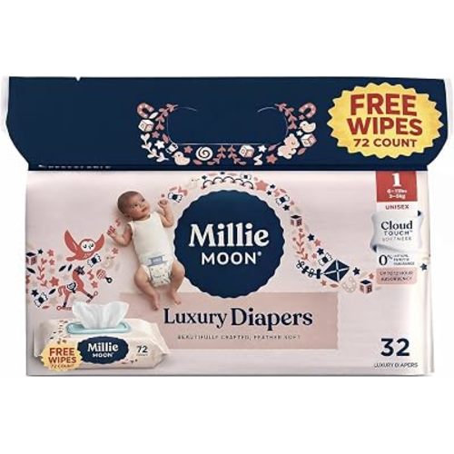 Millie_Moon Luxury Disposable Diapers ((Size,1-32,ct))(Free Wipes 72 Count).