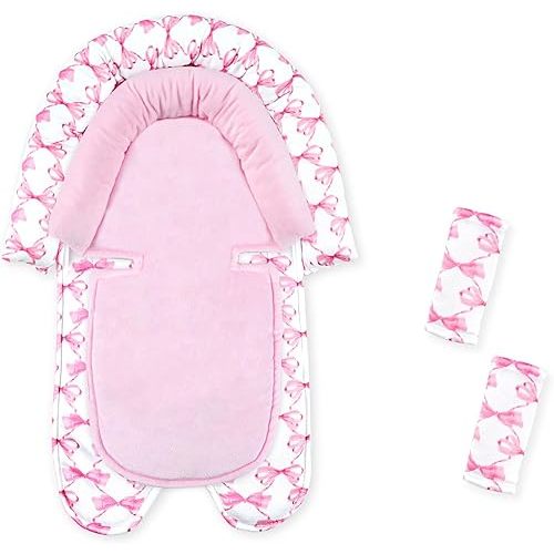 Infant Car Seat Insert, Baby Car Seat Head & Body Support with 2 Straps Pads, Ultra Soft Newborn Preemie Carseat Insert Cushion for Girls, Fits Car Seat, Stroller, Swing, Bouncer, Pink Bow