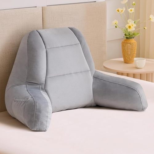 Reading Pillows for Sitting in Bed Adult, Back Pillow for Bed Sitting Up, Backrest Pillows with Shredded Foam for Adult&Teens, Support Pillow with Arms for Beds, Couch, Floor, 20in, Grey