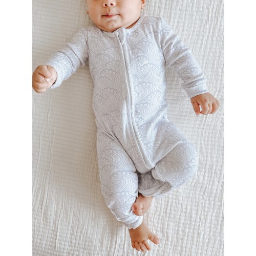 Organic Double Zip Romper in Whimsical Waves | Boho Beach Pajamas | Baby / Toddler Unisex PJs | Neutral Pattern Kids Pajamas / Loungewear
