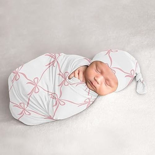 Sweet Jojo Designs Baby Cocoon Swaddle & Beanie (Pink Bows) for Girls, Infant/Newborn Wearable Blanket Jersey Set, Going Home Outfit (Blush, Bow for Ballerina, Ballet Dancer, Princess Collection)