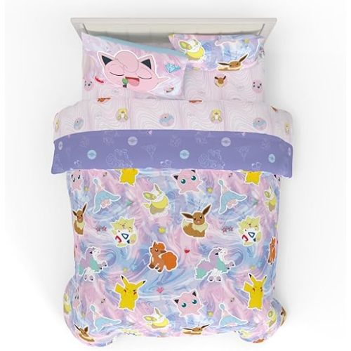 Pokémon Eevee, Pikachu, Jigglypuff Girl Bedding Soft Cozy Reversible Microfiber Comforter and Sheet Set with Sham, 7 Piece Full Size, (Official Licensed Product) By Franco Kids