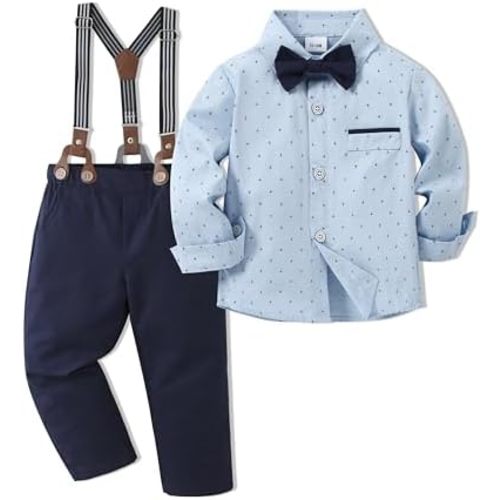 Toddler Baby Boy Clothes Suit 12M-7Y Boys Wedding Formal Outfit, Dress Shirt+Bowtie+Suspender Pants Gentleman Outfits