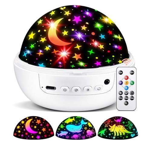COOLNIGHT Boy Room Decor, 93 Lighting+3 Films Toddler Room Decor, Remote+Dimmable+360° Slient Nightlight for Baby Nursery, Starry Night Light Up Toys, Moon Projector (White)