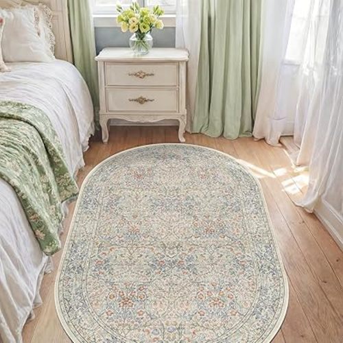 Washable Oval 3x5 Bedside Rugs for Bedroom, Large Kitchen, Indoor Entryway Rug - Ultra Soft Vintage Floral Beige Blue Decor Non-Slip Low Pile Stain Resistant (3x5 Beige Blue)