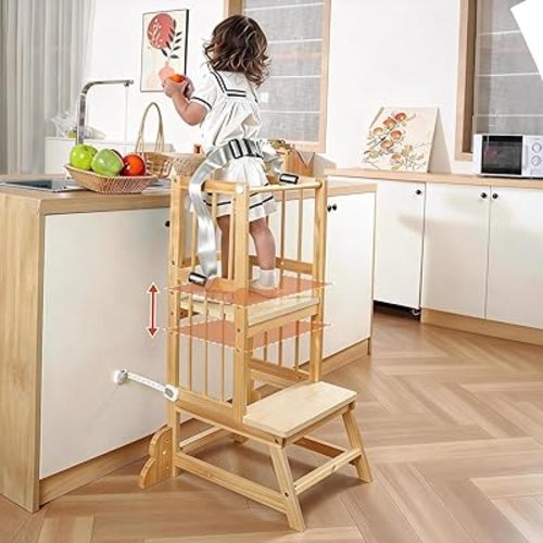 Toddler Tower, Kids Kitchen Step Stool with Safety Rails, Toddler Standing Tower Adjustable Height, Wooden Kitchen Stool for Kids, for Living Room Countertops and Bathroom Sinks(Natural)