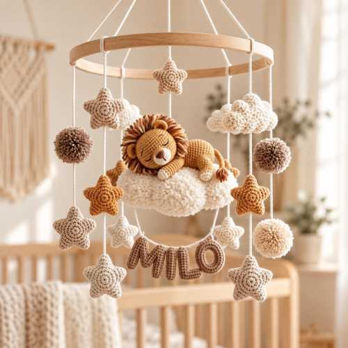Crochet Lion Baby Crib Mobile, Personalized Name Nursery Decor, Sleeping Lion Cloud Star Mobile, Handmade Baby Shower Gift, Newborn Gift