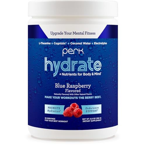Perk Hydrate Electrolyte Drink Mix Powder (Blue Raspberry) 30 Servings - Coconut Water, CDP-Choline, L-Theanine, Gluten-Free, Keto Friendly, Vegan