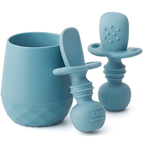 SAMiGO Silicone Baby Utensils - Self Feeding Spoons and Tiny Training Cup - First Stage Baby Led Weaning Supplies for 6 Months+ Infants - Set of 3