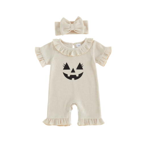 BemeyourBBs Newborn Baby Girls Halloween Outfits Baby Girl Summer Fall Clothes Infant Waffled Pumpkin Romper Cute Grimace Print Ruffled Short Sleeve Jumpsuit Shorts and Headband Set