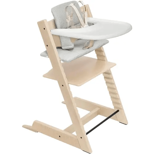 Stokke Tripp Trapp High Chair 2 (Natural), Cushion 2 (Nordic Grey) + Stokke Tray (White) - Includes Chair + Baby Set with Removable Harness for Children 6-36 Months