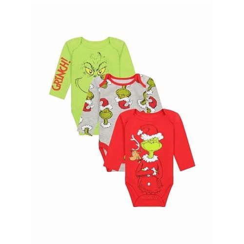 Unisex Infant Long Sleeve 3Pk Grinch Bodysuits, 0-3M