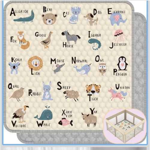 Baby Play Mat for Floor, 50x50 Playpen Mat, Soft Portable, Non-Slip Crawling Mat Machine Washable Foldable Playmate for Babies,Toddlers, Infants Indoor/Outdoor Use, Alphabet & Animal Design
