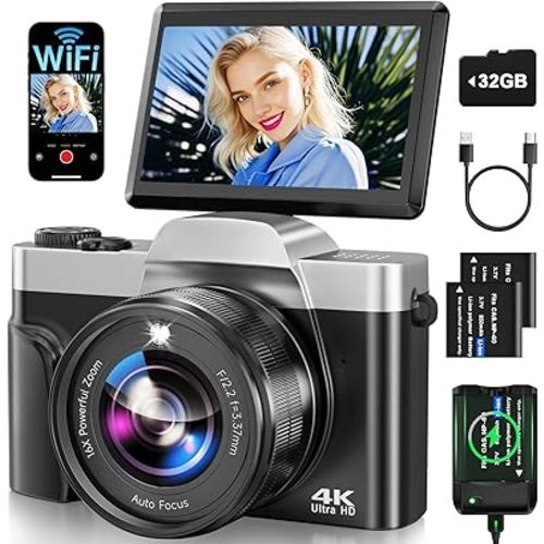 4K Digital Camera for Photography with WiFi 64MP Auto-Focus Vlogging Camera for YouTube Video 3'' 180° Flip Screen 4K Cameras 16X Zoom Anti-Shake Compact Point and Shoot Cameras with SD Card